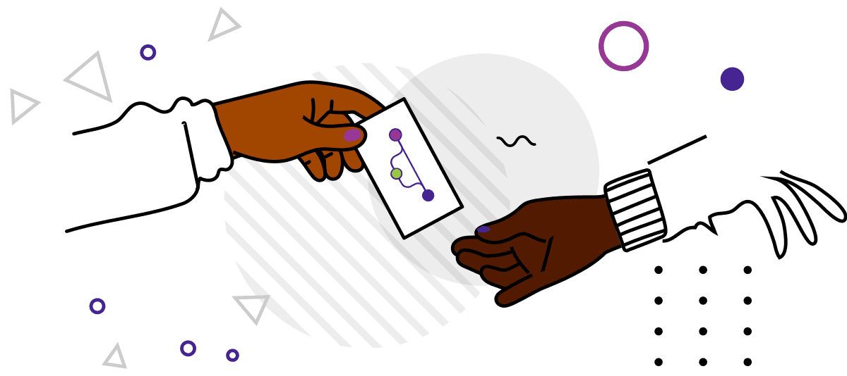 A brown and a black comgin towards each other to pass a business card with the logo of Quansight Labs