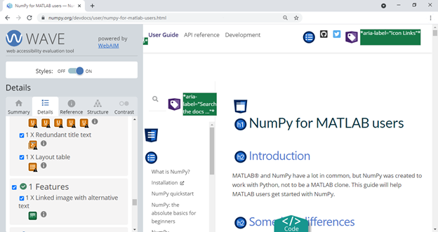 A screenshot of the NumPy.org main page with an overlay of the WAVE
accessibility review tool. Sections of the NumPy website are highlighted by the
tool.