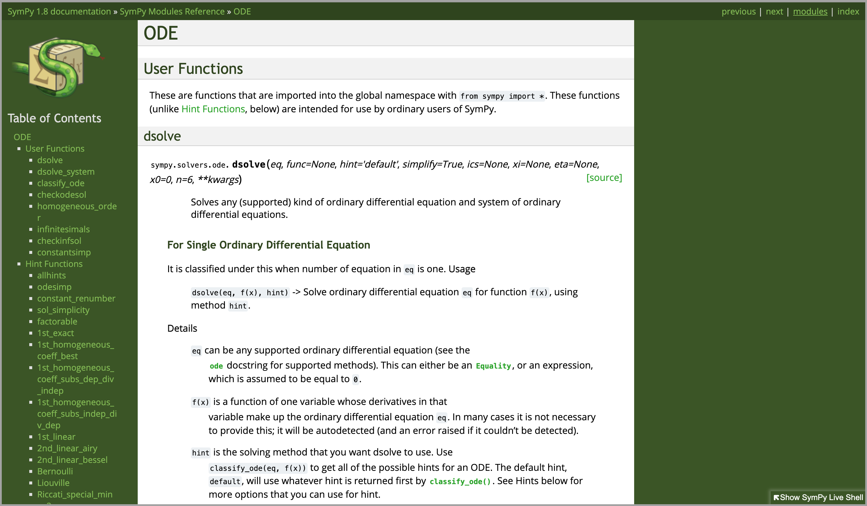 SymPy 1.7 ODE Module documentation page (May 2021)